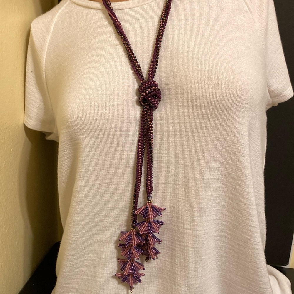 Artisan hand beaded purple/pink knotted lantern tassel necklace